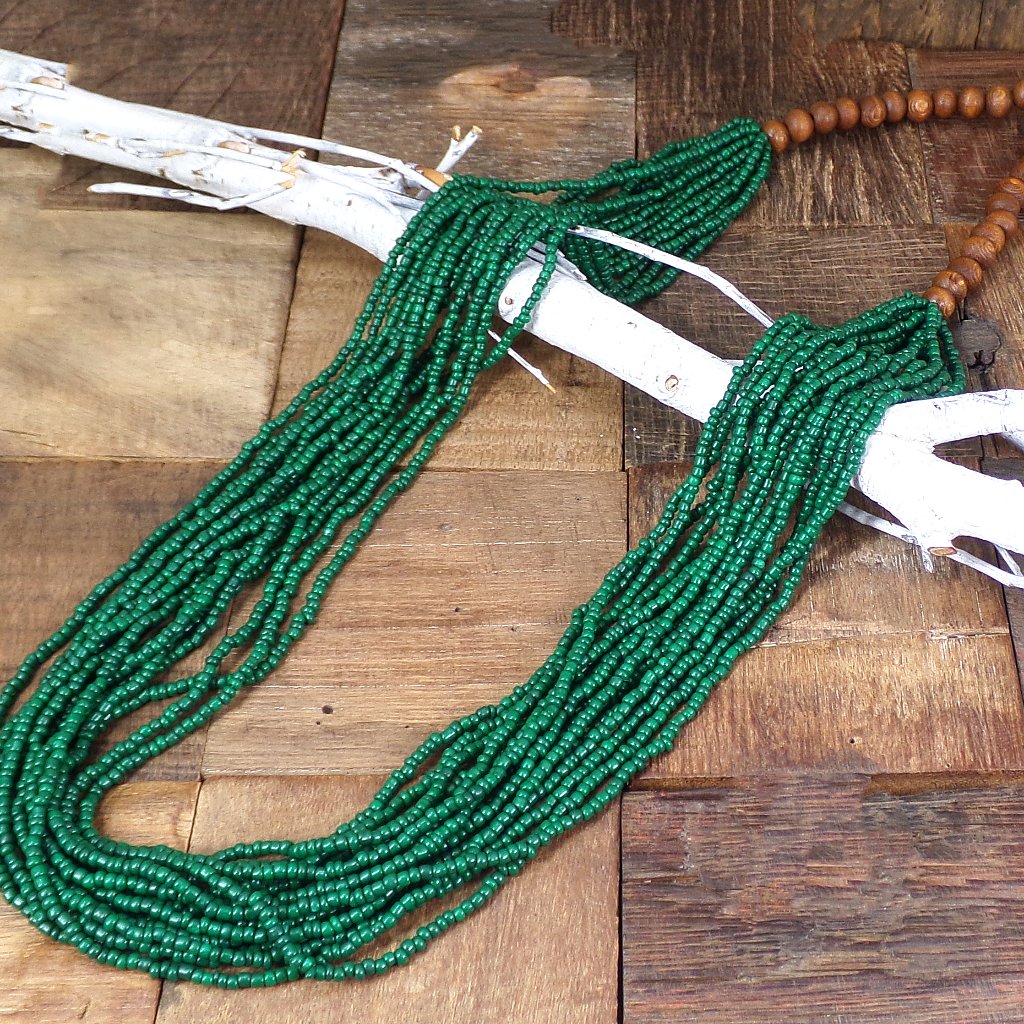 Long Green Color Seed Bead Necklace With Wood Beads, Multi Strand Necklace